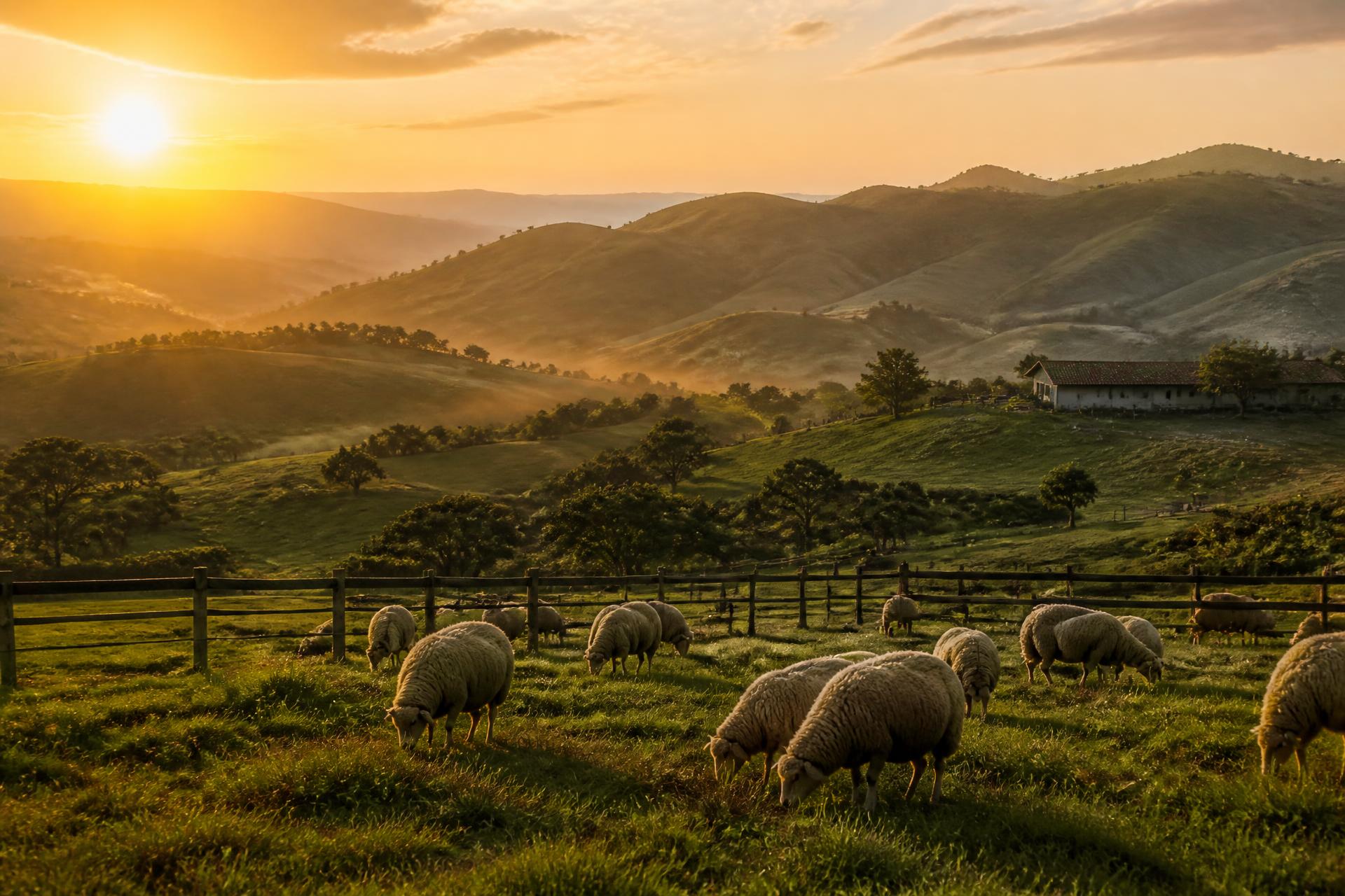 Ovelhas Lacaune pastando ao entardecer no Vale das Ovelhas